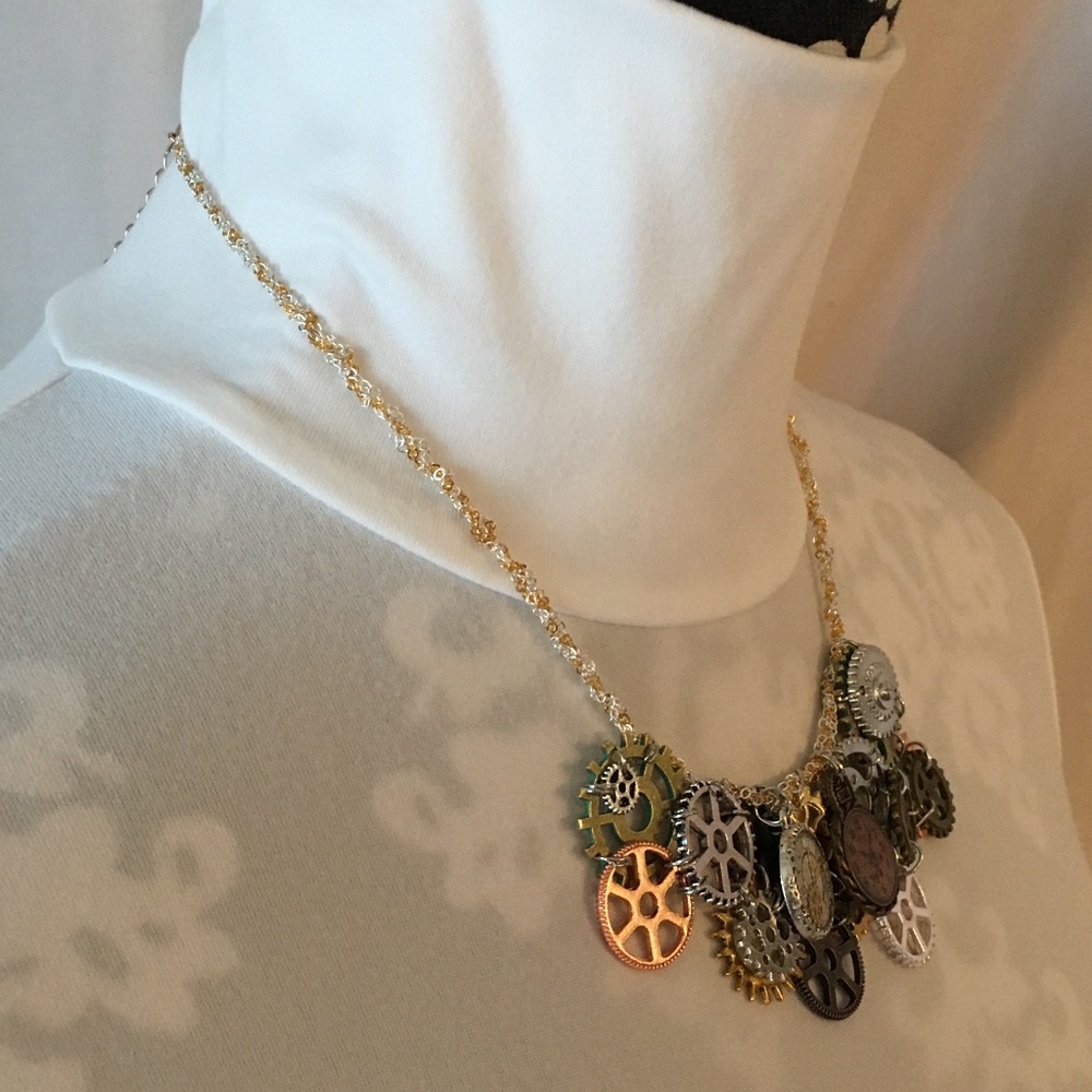 SOLD—Steampunk Handmade Steamer Mixed Metal Bib Necklace with Gears, Clocks - Picture 10 of 16